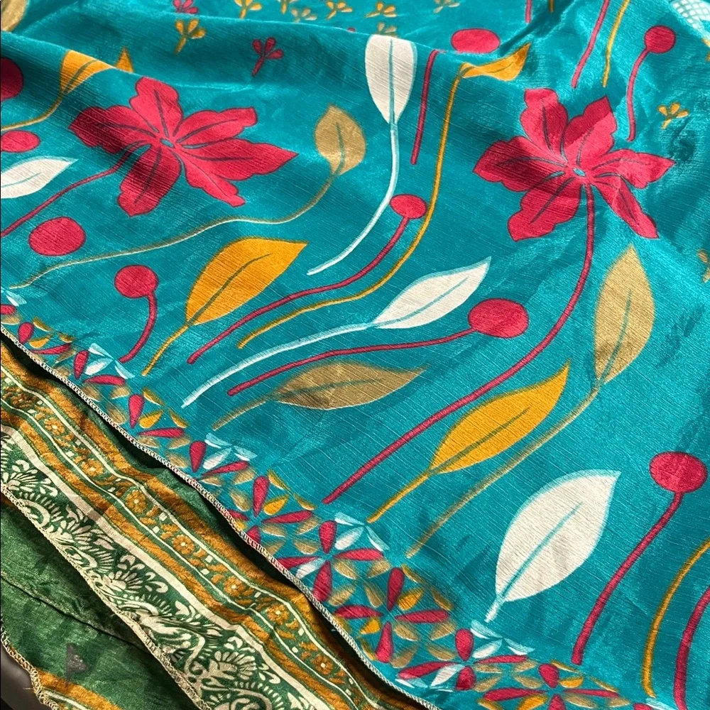 DARN GOOD YARN NWT Boho Granola 100% Silk Teal Sari Wrap Midi Skirt O/S (4-12)